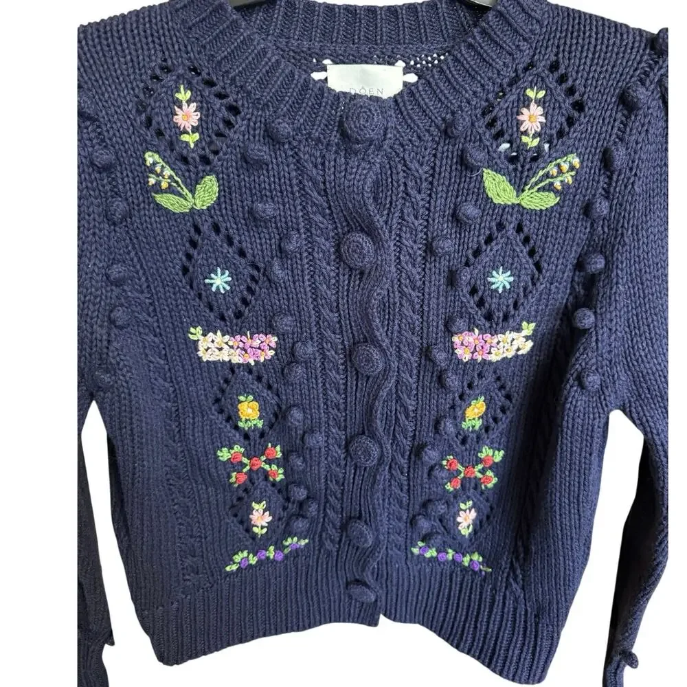 Doen Forget Me Not Cable Knit Floral Cardigan Navy Blue Size Small
